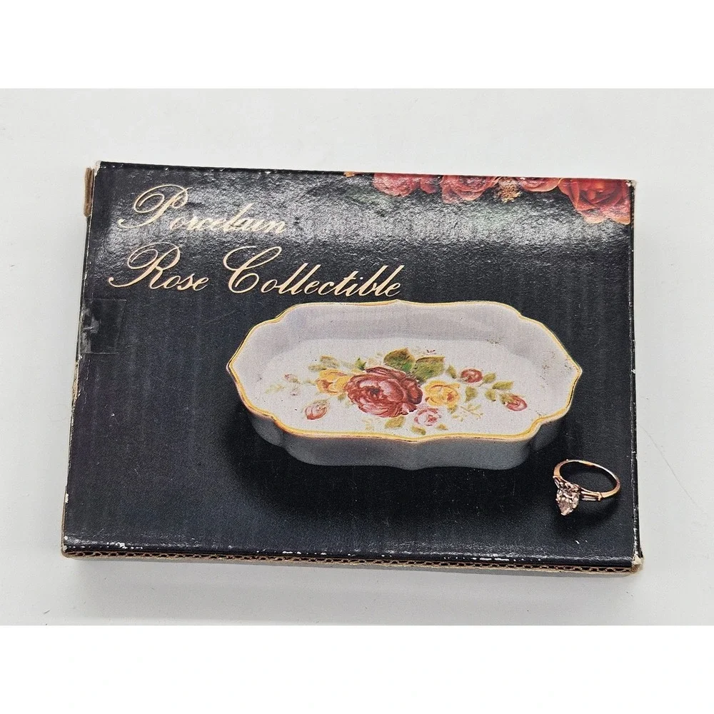Vintage Porcelain Rose Collectible Trinket Dish Scalloped Gold Rim Floral Tray